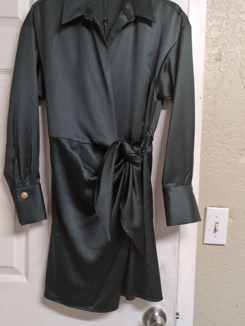 Satin Wrap Shirt Dress in Deep Forest Green